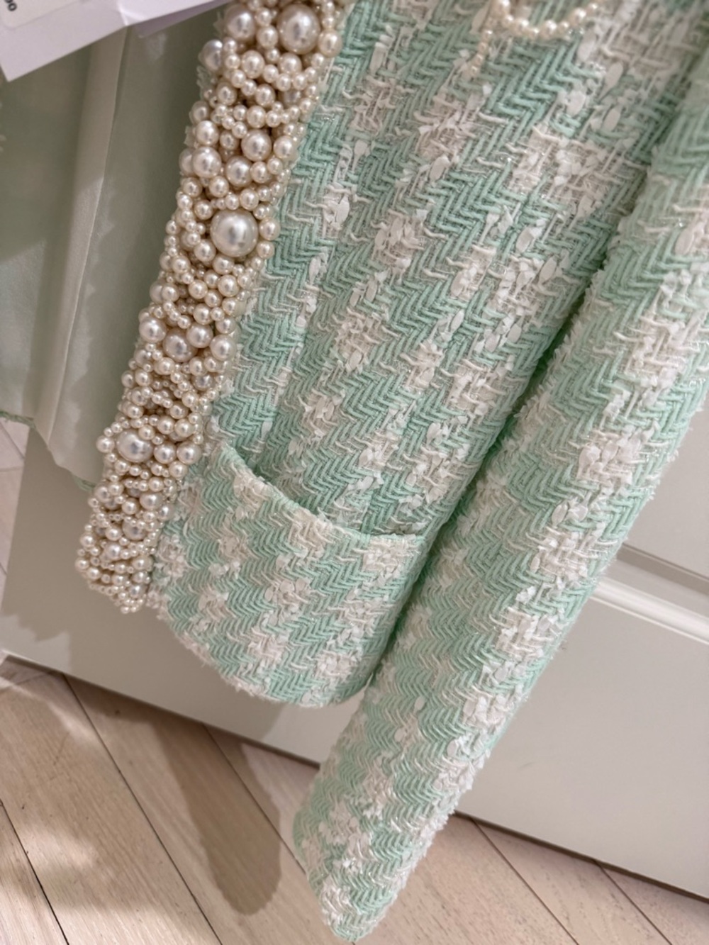 Balmain Mint Green Pearl-Trim Tweed Blazer - Picture 6 of 7